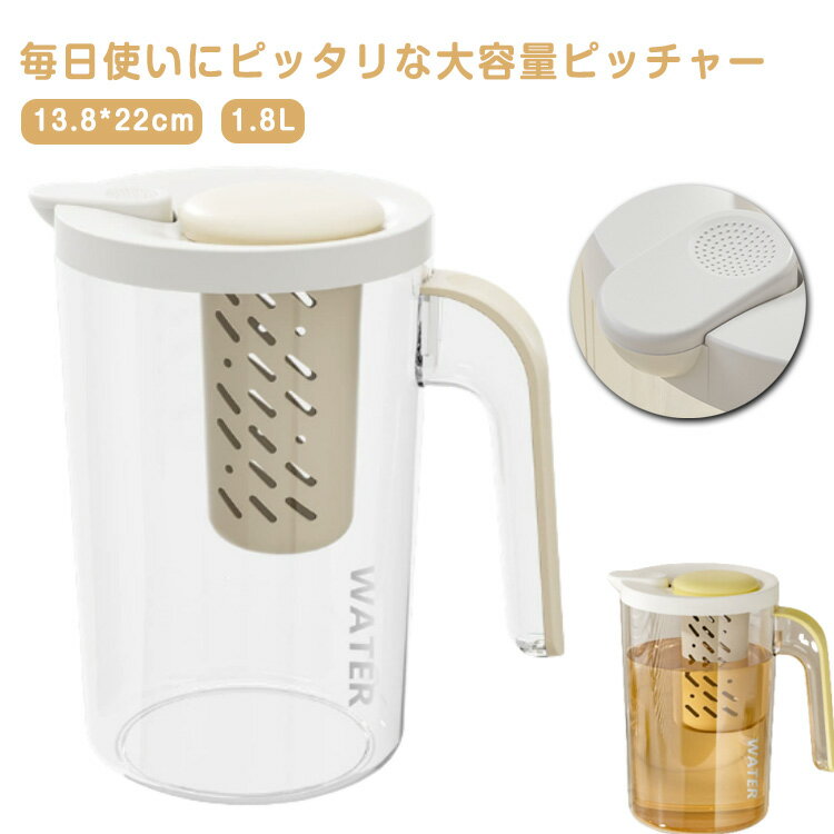 家庭用 冷水筒 ピッチャー ワンプッシュ 耐熱 茶こし 水差し クリア 熱湯 麦茶 ドアポケット 茶こし付..