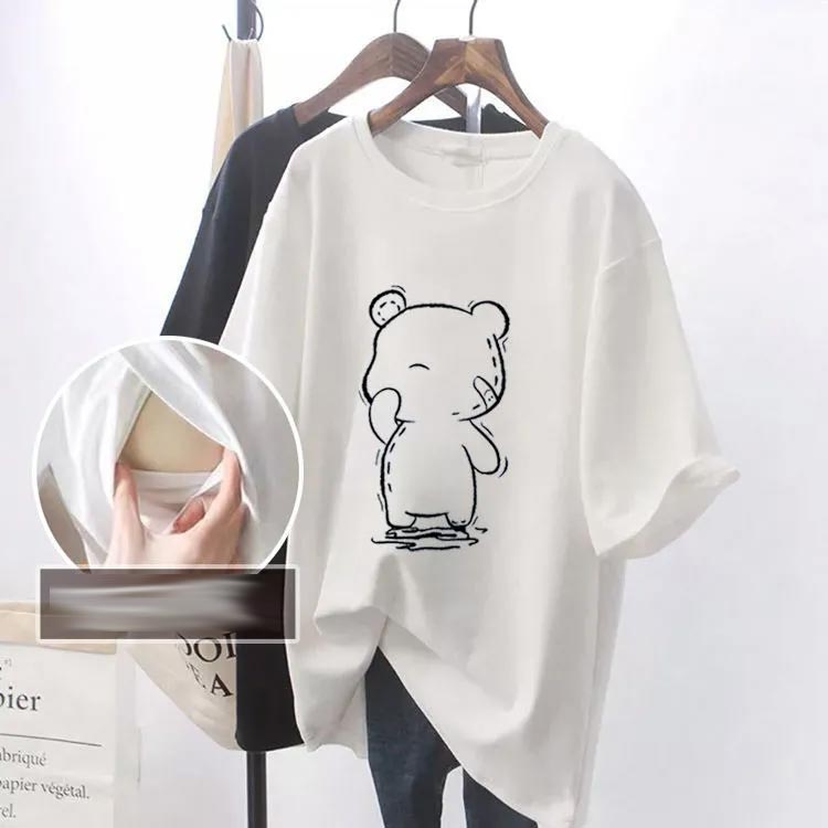 3SET-STOREの授乳口付き おしゃれ 授乳服 Tシャツ クルーネック 半袖 ロング丈 インナー ロゴTシャツ ティーシャツ トップス 安心 チュニック 便利 ロゴT 出産準備 丸首 授乳服 授乳しやすい 授乳Tシャツ マタニティ カットソー 体型カバー 妊婦服 大きいサイズ クマ｜アングル2