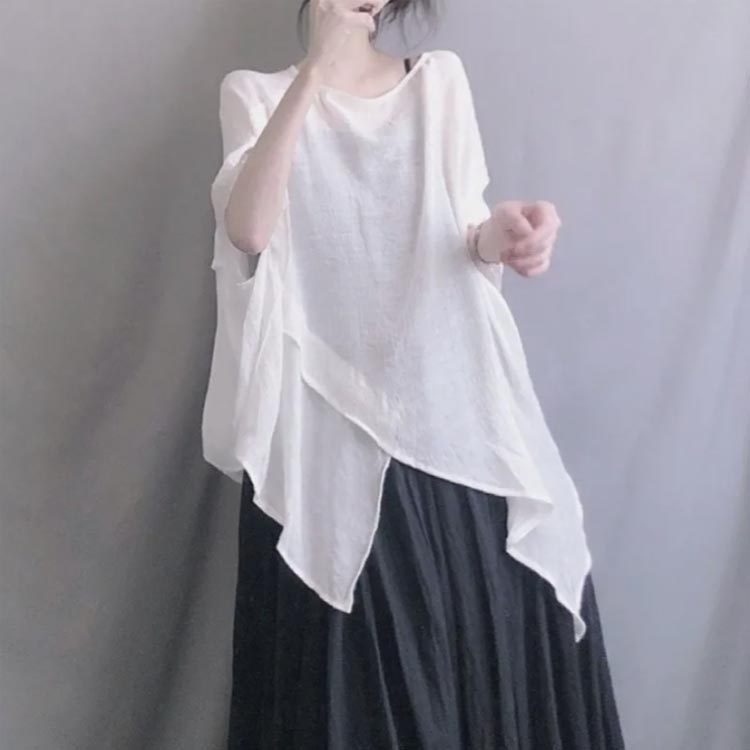 レディース 薄手 シャツ 透け感 フリーサイズ 5分袖 トップス シフォンブラウス 夏服 クルーネック 涼しい ロング丈 チュニック シャツ きれいめ ゆったり 蒸れない 体型カバー お尻が隠れる 二の腕カバー きれいめ 紫外線対策 uvカット おしゃれ カジュアル