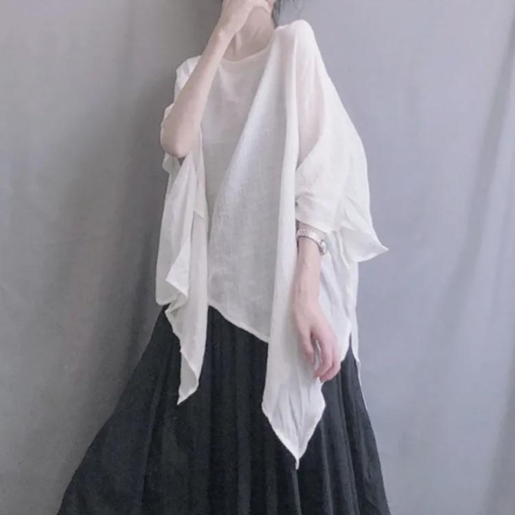 レディース 薄手 シャツ 透け感 フリーサイズ 5分袖 トップス シフォンブラウス 夏服 クルーネック 涼しい ロング丈 チュニック シャツ きれいめ ゆったり 蒸れない 体型カバー お尻が隠れる 二の腕カバー きれいめ 紫外線対策 uvカット おしゃれ カジュアル