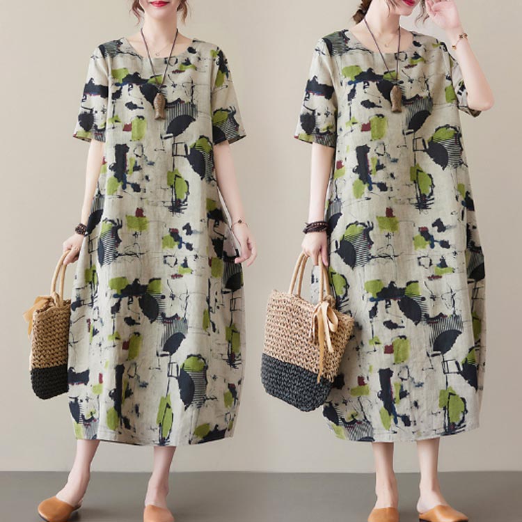 ラウンドネック ロングワンピース 夏 レディース ワンピース 大きいサイズ 夏服 ナチュラル マキシワンピース 涼しい 総柄 リゾートワンピース ワンピ ゆったり 総柄 おしゃれ 半袖ワンピース 森ガール ロングワンピ 体型カバー 大人可愛い きれいめ 大きいサイズ