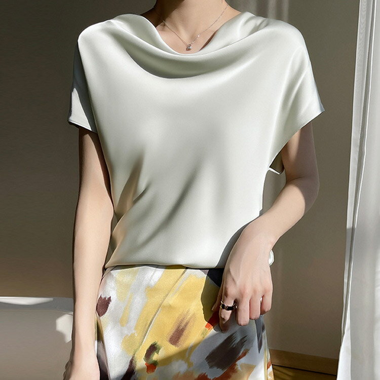レディース オフィス ブラウス 柔らか ゆったり トップス tシャツ シフォンブラウス 女性 ブラウス 半袖ブラウス 大きいサイズ おしゃれ 通勤 光沢感 体型カバー 夏 Tシャツ 大人 きれいめ 上品 高級感 夏服