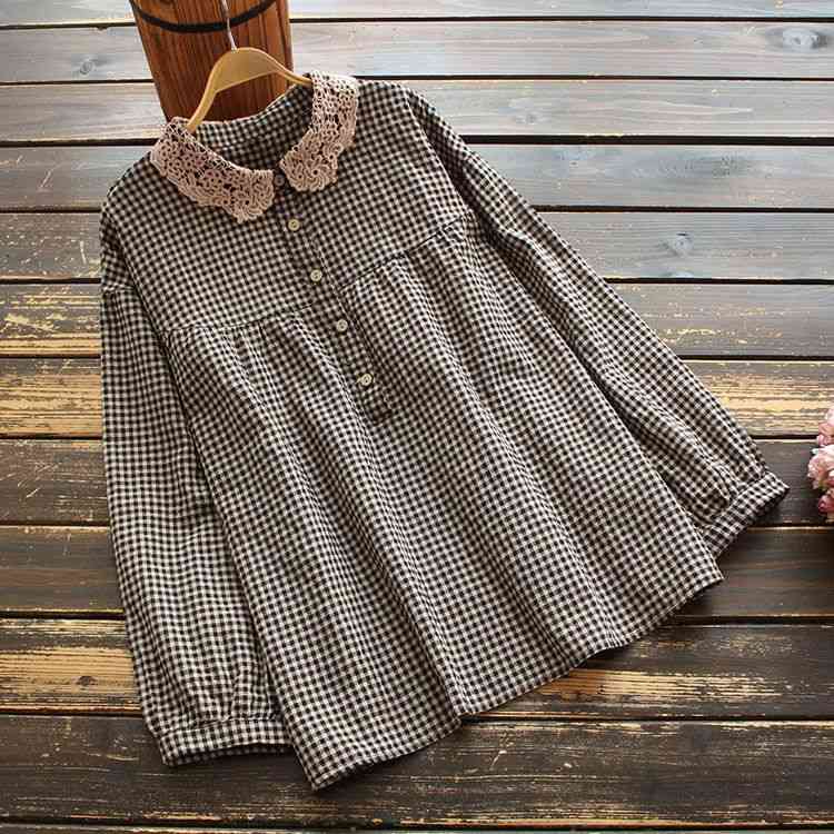 Rakuten - シャツ ブラウス レディース 長袖 綿 麻 チェック柄 プルオーバー ギャザー 森ガール