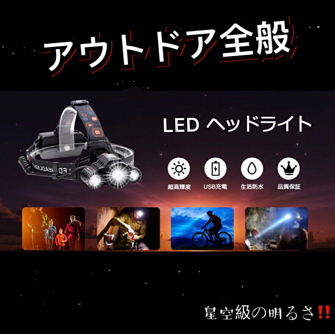 LEDヘッドライト最強ルーメン超高輝度ヘッドライト充電式角度調節ストロボ機能付3粒搭載米国CREE社製充電機リチウムイオンバッテリー付