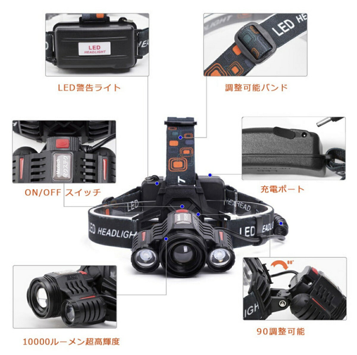 LEDヘッドライト最強ルーメン超高輝度ヘッドライト充電式角度調節ストロボ機能付3粒搭載米国CREE社製充電機リチウムイオンバッテリー付