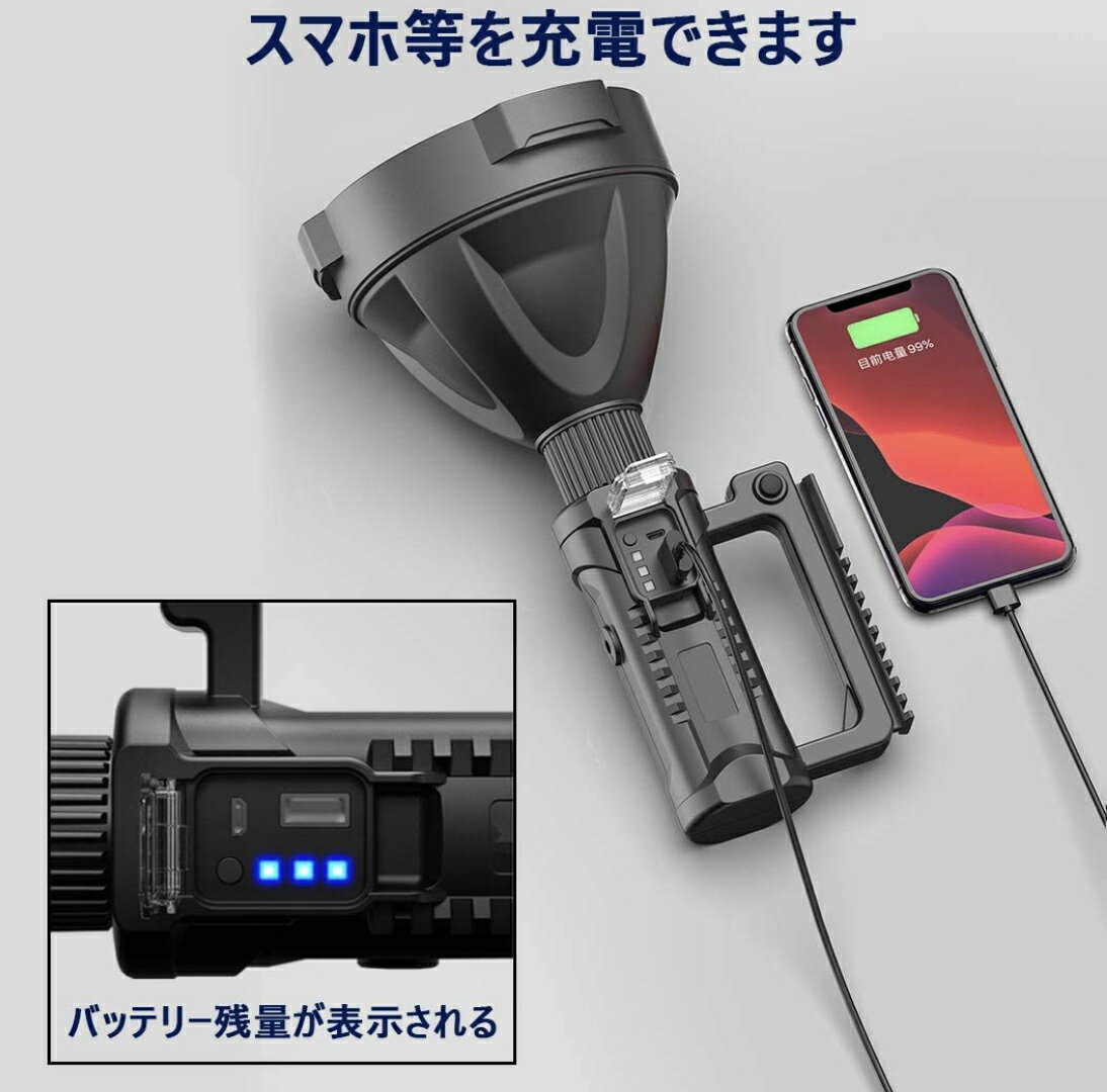 懐中電灯 LED USB充電式 超高輝度 4つ調光モード 三脚スタンド付き IP65防水 8000mAhバッテリー内蔵 モバイルバッテリー機能 LED懐中電灯 サーチライト ledライト フラッシュライト ハンディライト 作業灯 非常灯 強力 軍用 停電 防災対策 夜釣り