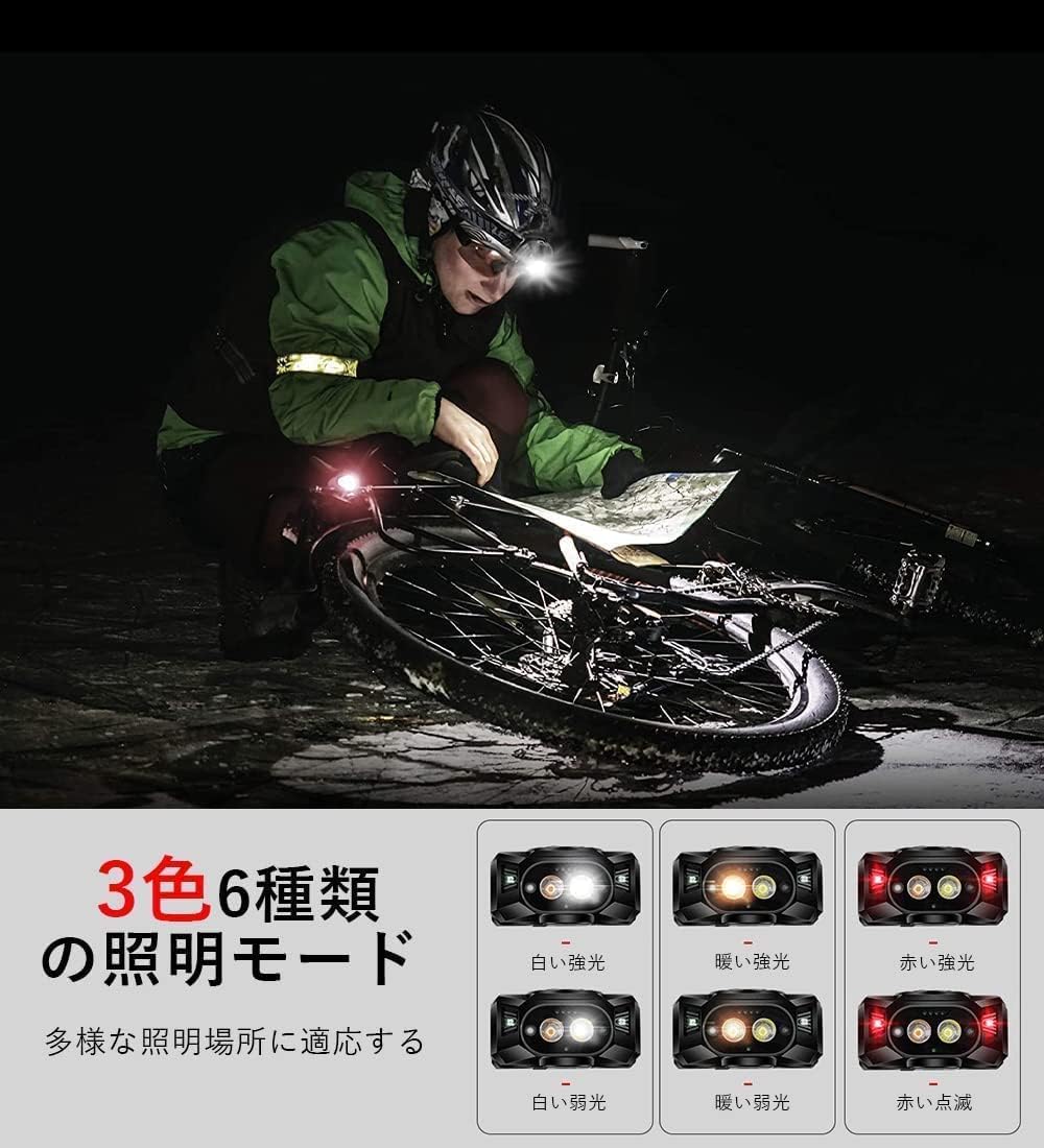 ヘッドライト USB充電式 LEDライト高輝度 65000ルーメン 4つの照明モード へっどらいと センサースイッ 大容量バッテリー PSE認証済み 角度調節可能 長時間使用 軽量 防水 防災 アウトドア キャンプ 夜釣り 登山用 作業用 3ushop-10001947 三友ショップ サンプル画像2