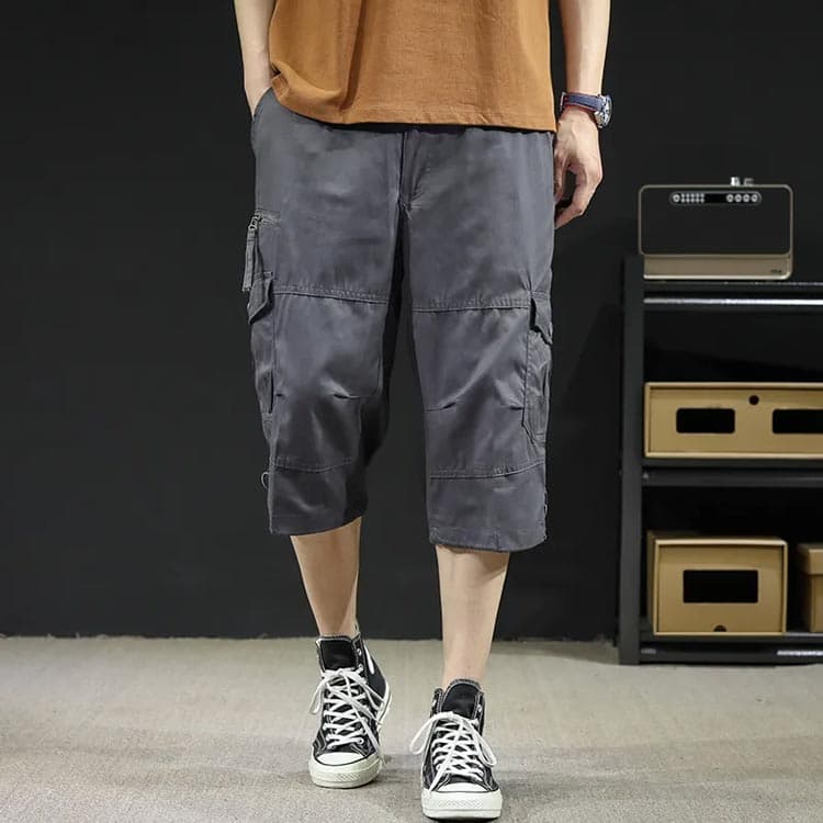 四季屋のゆったり カーゴパンツ 春夏 クロップドパンツ ミリタリー メンズ ボトムス ハーフパンツ 迷彩柄 ズボン 大きいサイズ 無地 7分丈 ウエストゴム アウトドア｜アングル3