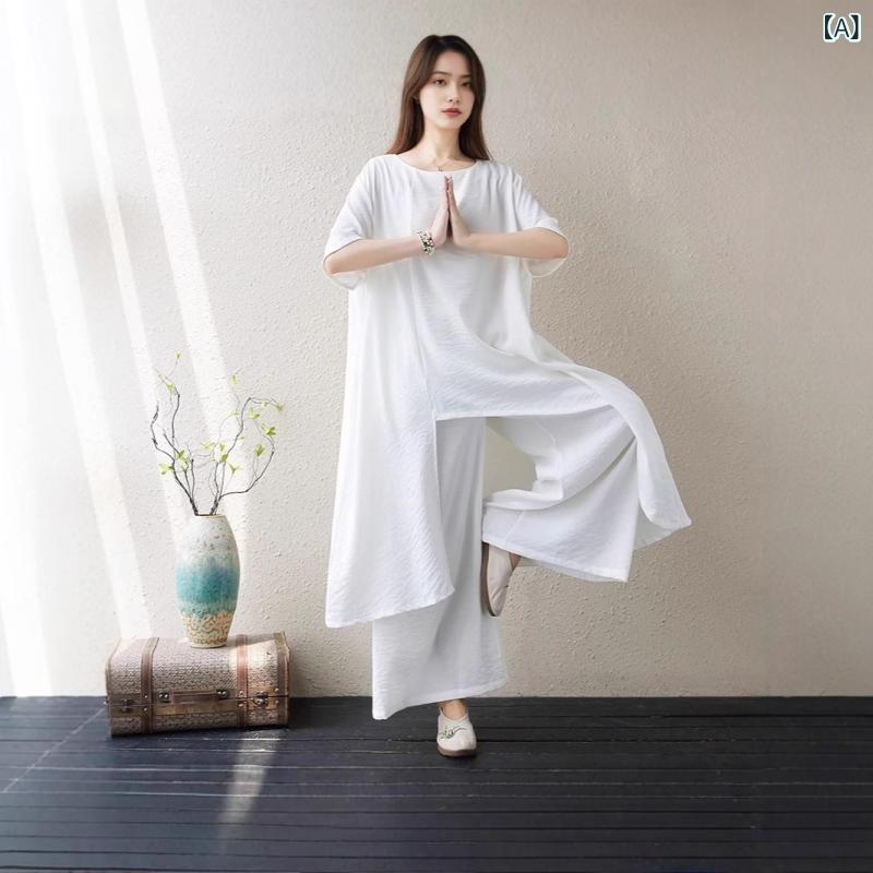 乐天商城 - 作務衣 レディース 女性用 新中華風 太極拳ウェア 禅意 茶服 練習着 2点セット トップス パンツ 綿麻素材 無地 ホワイト 切り替え ヨガ 朝練 普段使い 春夏 リラックスウェア 部屋着
