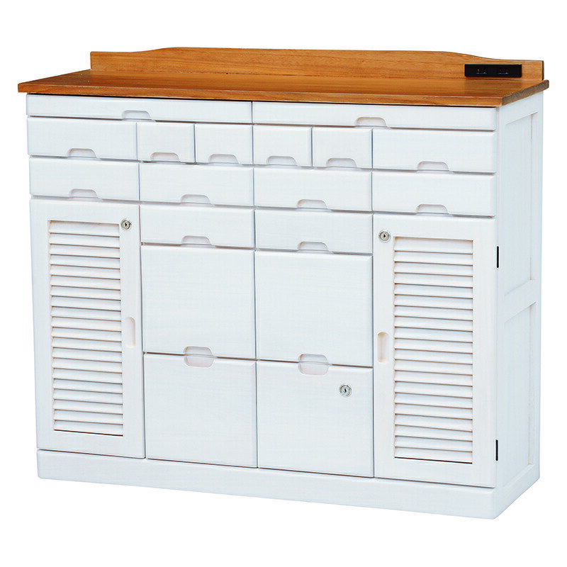 キャビネット 鍵付き 幅96cm 隠しキャスター付き コンセント付き アンティーク 木製 FAX台 リビング キッチン ラック シェルフ 電話台 ファックス台 ...