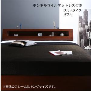 ベッドフレーム マットレス セット スリムタイプ ダブルベッド 収納 棚付き コンセント付き 高級ウォルナット材ワイドサイズ収納ベッド Fenrir フェンリル ボンネルコイルマットレス付き ダブルサイズ 引き出し 収納付きおしゃれ 高級感