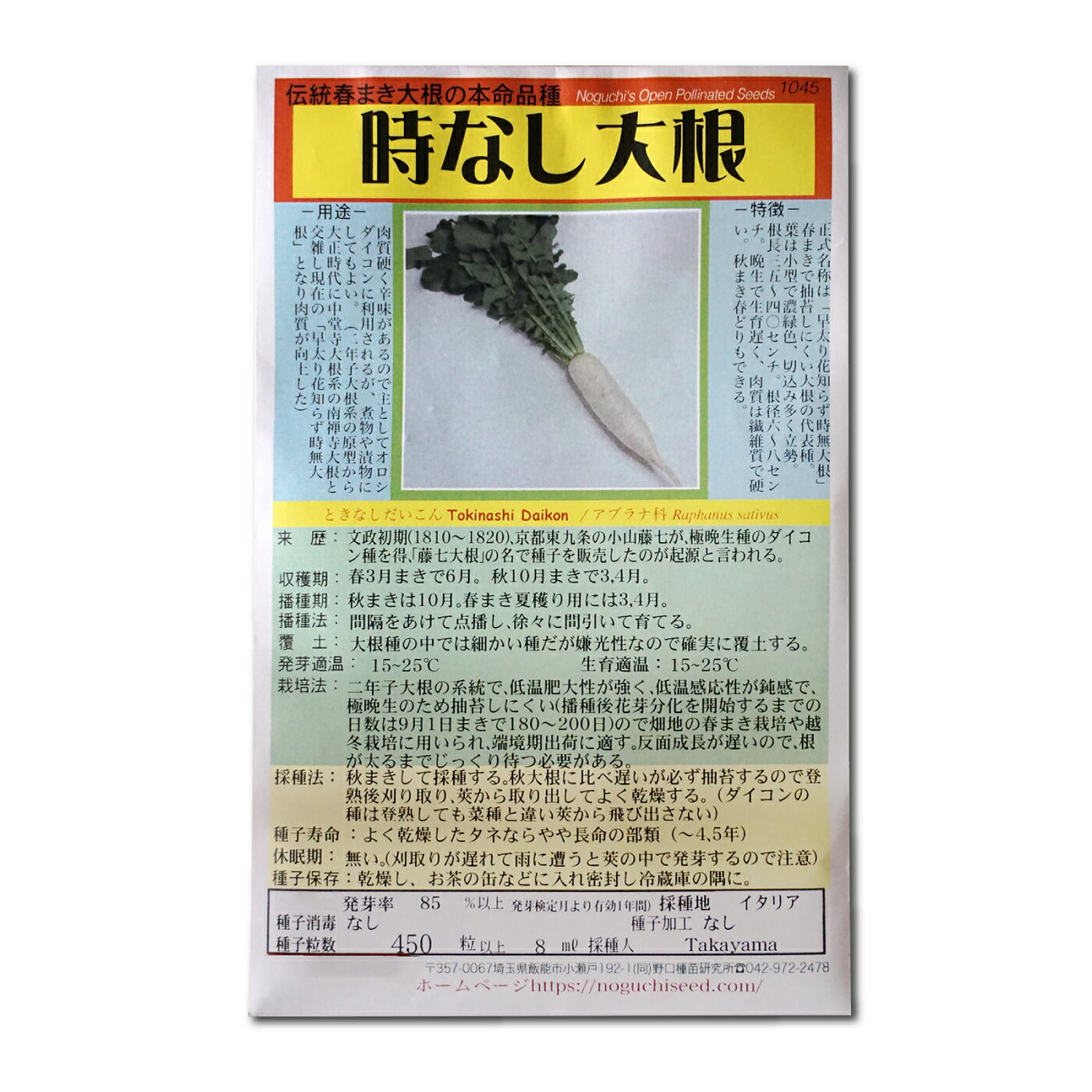 時無し大根 ときなしだいこん Tokinashi Daikon / アブラナ科 Raphanus sativus 野菜の種 野口種苗 野口の種 家庭菜園 有機栽培 ガーデニング 農業 園芸 無農薬 伝統野菜 在来種 プランター 安心 安全 ポタジェ ベランダ園芸