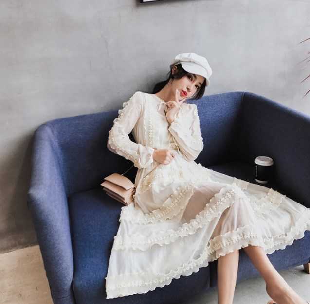 2018 秋モデル レトロ スリム ソリッド フラッフィードレス ランタンスリーブ 膝丈 パーティワンピース 清楚デザイン エ