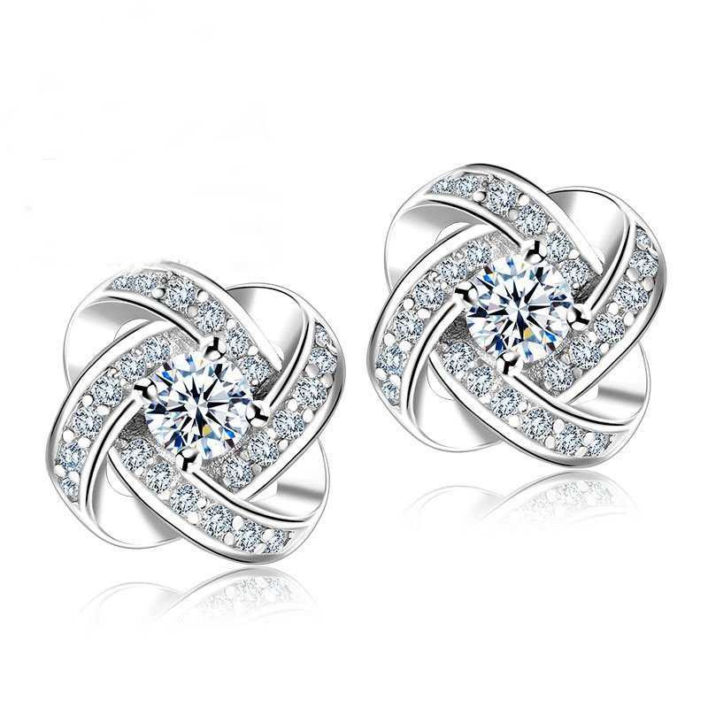 Jemmin Crystal Earrings 925 Sterling 銀 Knot Flower Stud Earrings 女性 Brincos Bi