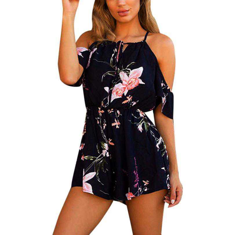 Summer Rompers Women Casual Playsuit Fashion Bohemian Floral Printed Jumpsuit Ladies Off