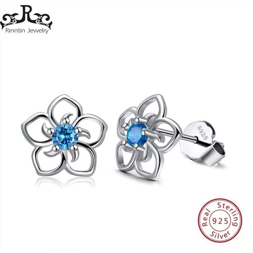 Rinntin Solid 925 Real Sterling 銀 女性 Stud Earrings Flower Pattern Blue AAA Zircon Rinntin Solid 925 Real Sterling 銀 女性 Stud Earrings Flower Pattern Blue AAA Zircon
