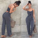 Summer New Blue ボディcon Backless Stripe Jumpsuits 女性 Sexy Party Clubwear Jumpsuits Casu