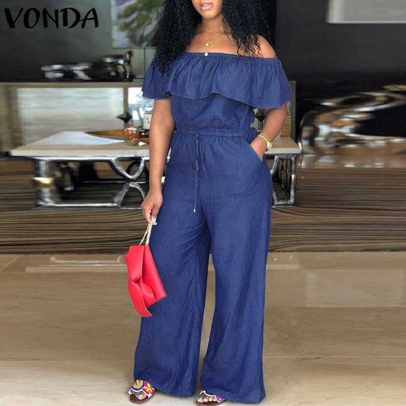 VONDA Denim Rompers 女性s Jumpsuit 2018 Summer Sexy Slash Neck Off Shoulder Ruffles Plays