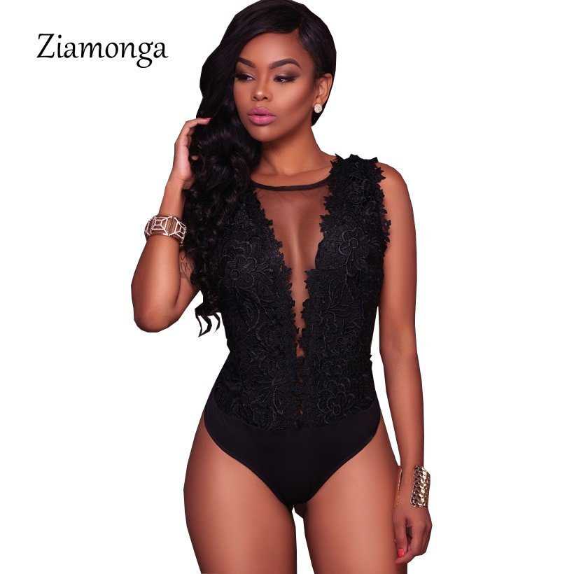 Ziamonga S-XXL Sexy 黒 Lace ボディsuit 女性 Mesh Jumpsuits Romper Backless 刺繍