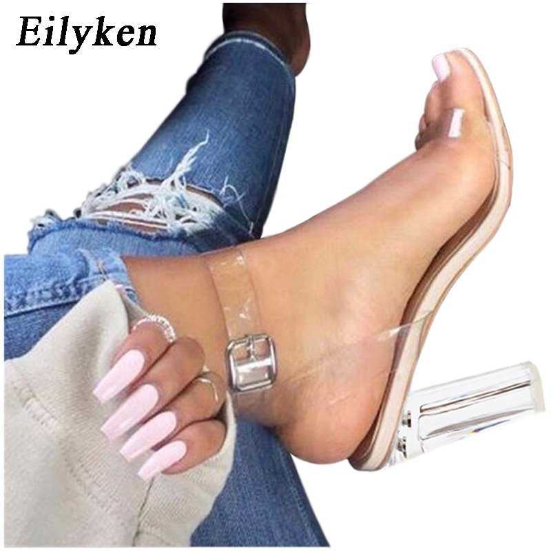 Eilyken 2018 PVC Jelly Sandals Crystal Leopard Open Toed High Heels  Transparent Heel