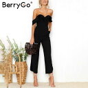 BerryGo セクシー backless off shoulder 黒 jumpsuit 女性 Tiered ruffle high waist jumpsuit
