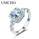 UMCHO Real S925 Sterling 銀 Rings 女性 Blue Topaz Ring Gemstone Aquamarine Cushio