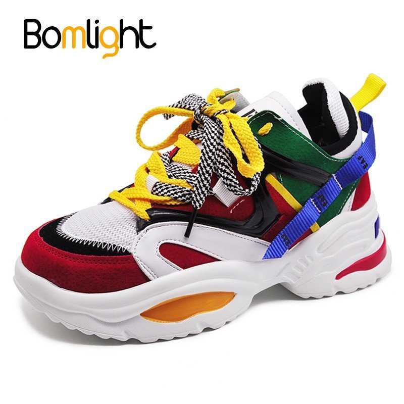 Bomlight Trendy  Sneakers Thick Sole Ladies Platform Shoes Web Celebrity Chunky Dad