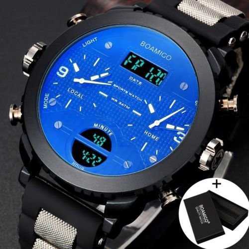 3 Time Zone Watches Men Sport Round Quartz & Digital Wristwatch with Rubber Band