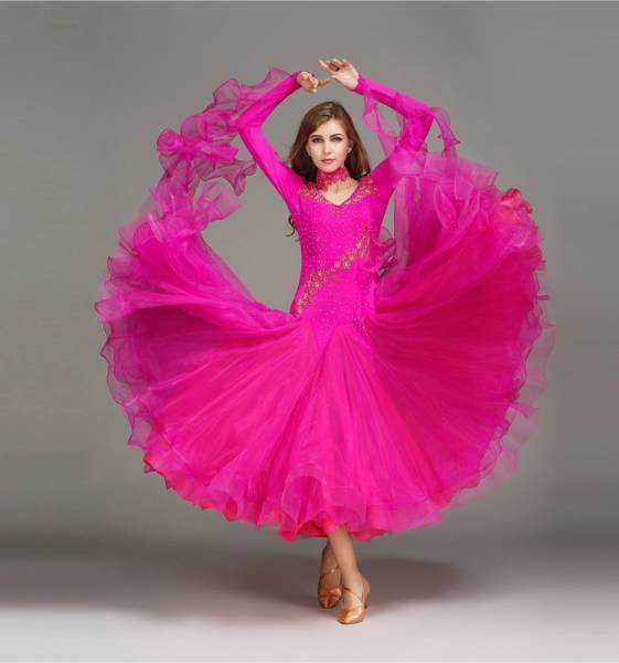 社交ダンス・パーティドレス ダンス衣装 ロングワンピース 袖付 サイズS M L XL XXL ローズピンク