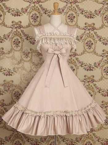ゴスロリ_ロリータドレス半袖Aラインホルタークロスネックベージュ_L