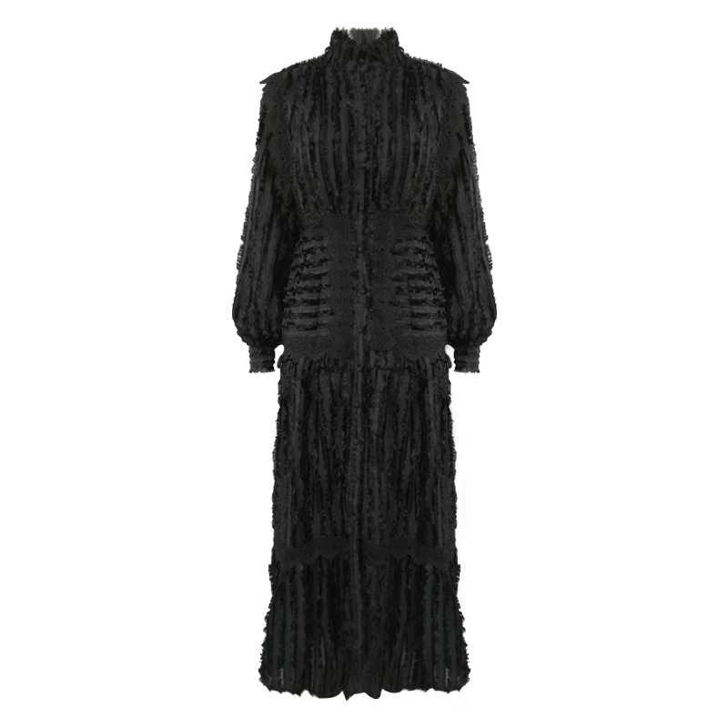 秋冬レディースドレス Mサイズ ブラック ワンピース スカート マキシ丈 フリル レース パーティー 結婚式 Q169