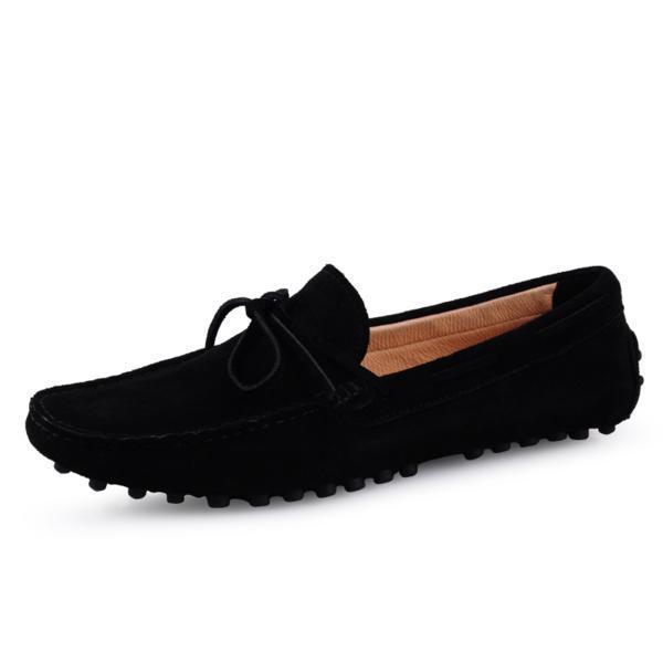 カジュアルシューズ ローファー 本革 スエード リボン飾り スリッポン デッキシューズ レザー ブラック ○24.0