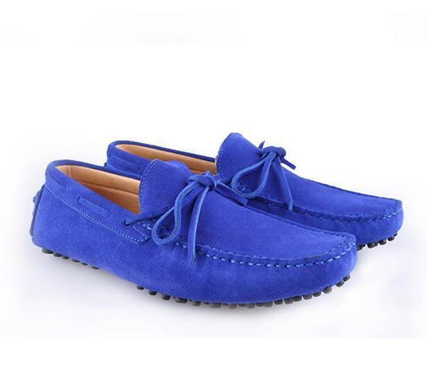 カジュアルシューズ ローファー 本革 スエード リボン飾り スリッポン デッキシューズ ライトブルー ○2..