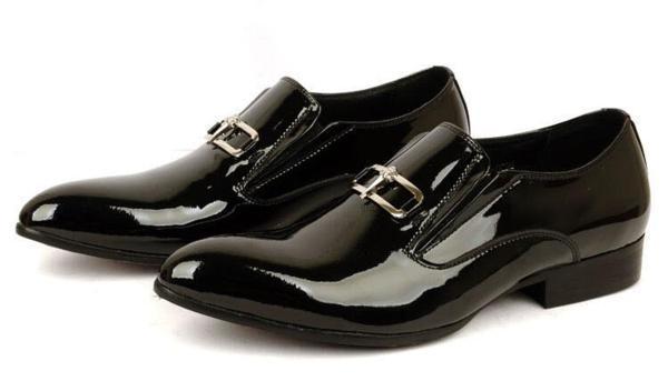 メンズシューズ ビジネスシューズ レザー エナメル ローファー ポインテッドトゥ サイドゴム ブラック