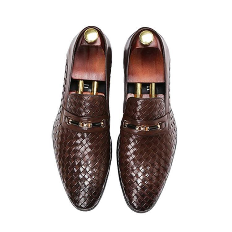 ビジネスシューズ メンズ ローファー 本革 スリッポン 編込 コーヒー 24.5