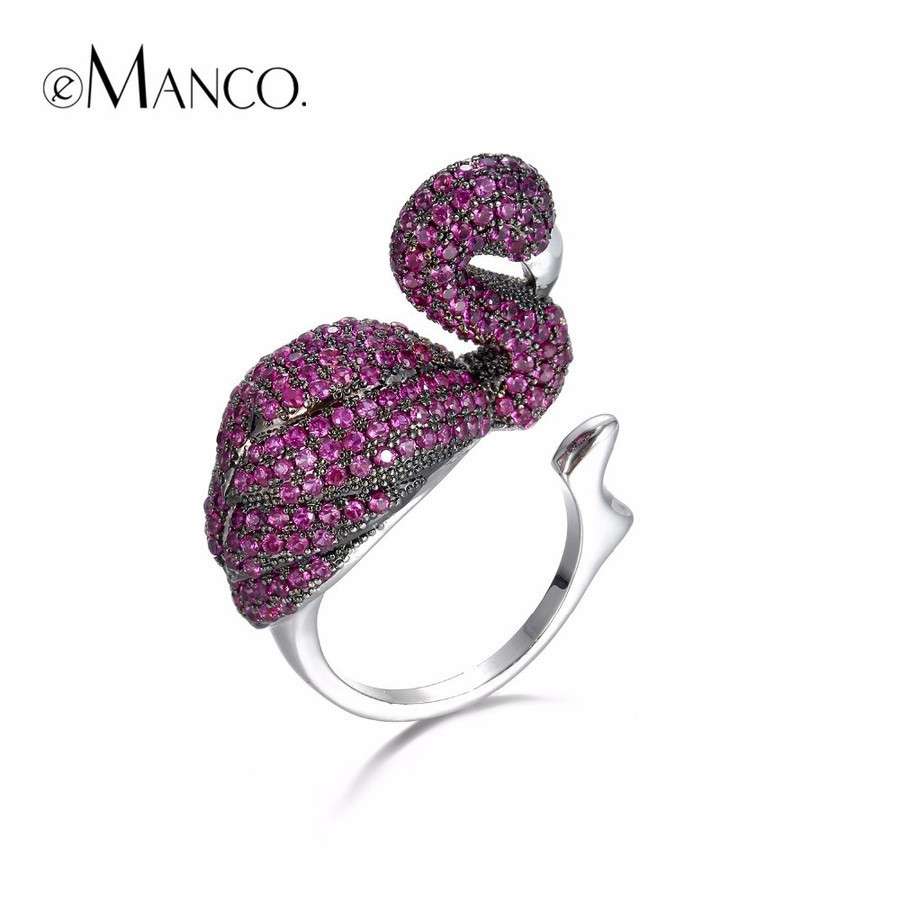 鳥モチーフ フラミンゴ ボリュームリング 指輪 サイズフリー オープンリング キラキラ パヴェ パープル×シルバー ゴージャス(4)