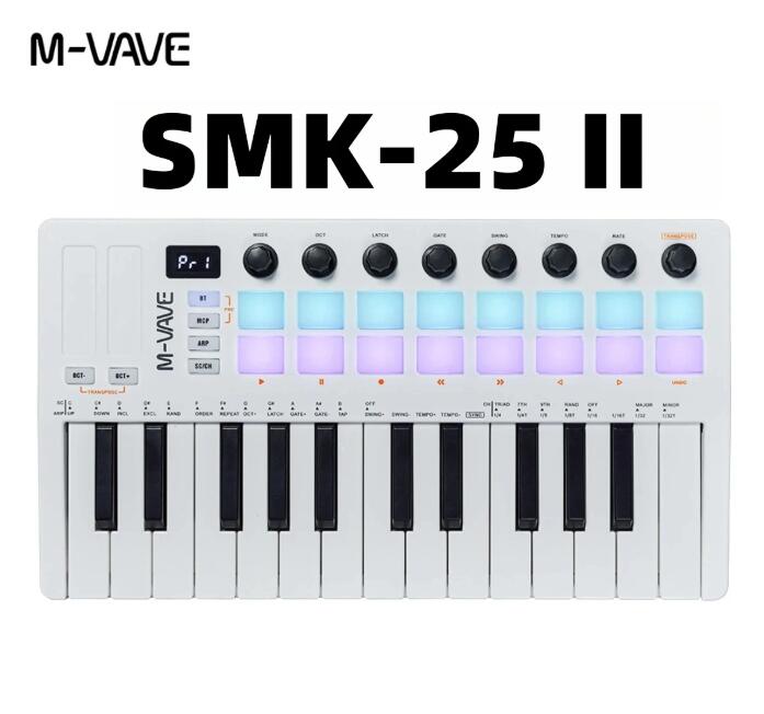 商品名：M-VAVE SMK-25 II Bluetooth対応 25鍵 MIDIキーボードコントローラー USB充電式 RGBドラムパッド搭載※商品のお届けに通常2-3週間ほど掛かります。【商品説明】 25鍵ミニキーボードを搭載したUSB MIDIキーボードコントローラーです。 16個のRGBバックライト付きドラムパッドや8個のロータリーエンコーダーを搭載し、音楽制作やビートメイク、ソフトウェア音源の操作に対応します。 Bluetooth接続に対応し、コンパクトで持ち運びにも便利です。 【特徴】 ・25鍵 ベロシティ対応ミニ鍵盤 ・16個 RGBバックライト付きベロシティ対応ドラムパッド ・8個 アサイン可能なロータリーエンコーダー ・2本の静電容量式タッチストリップ搭載 ・Bluetooth接続対応 ・USB給電対応 ・内蔵2000mAhバッテリー搭載（約16時間使用可能） ・コンパクトで持ち運びに便利 【対応OS】 ・Windows ・Mac OS ・Android ・iOS 【対応ソフトウェア】 ・Ableton Live ・FL Studio ・Cubase ・Logic Pro X ・Bitwig ・Reason ・Studio One ・GarageBand（iOS） 【仕様】 ・商品名：SMK-25 II MIDI Keyboard ・カラー：ブラック / ホワイト ・サイズ：約321×178×46mm ・電源：USB接続 ・内蔵バッテリー：2000mAh ・連続使用時間：約16時間 【セット内容】 ・SMK-25 II MIDIキーボード 本体 ×1 ・USB接続ケーブル ×1 ・ユーザーガイド ×1 【ご注意】 ※ソフトウェアのダウンロード・使用方法については、付属の取扱説明書をご確認ください。 ※撮影環境やモニター環境により、実際の商品と色味が異なる場合があります。 ※サイズは手作業で測定しているため、1～3cm程度の誤差が生じる場合があります。