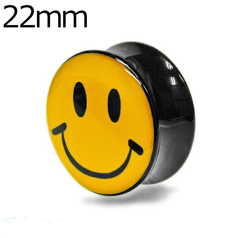 Rakuten - ボディピアス 22mm アクリルスマイルプリントダブルフレアプラグ / 22ミリ 拡張 イヤーロブ ラージホール ハイゲージ ニコちゃん はめ込み かわいい 大きいサイズ プラグ ブラック 軽い ホール