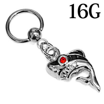 ボディピアス 16G ステンレス ジュエル付きシャークキャプティブリング / 16ゲージ シルバー チャーム ..