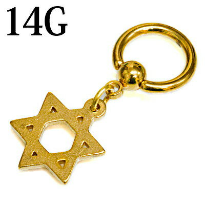 ボディピアス 14G ダビデスターチャーム付きキャプティブリング / ステンレス ゴールド 14ゲージ 輪っか リング CBR 星 フープ ホシ 軟骨ピアス ロブ リングピアス デザイン 六芒星