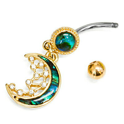 ボディピアス 14G ステンレス マザーオブパールインレイクレッセントムーンへそピアス / 14ゲージ ゴールド バナナバーベル ヘソピ 316L サージカル ネイブル 月 三日月 ロブ 臍ピアス かわいい ナベル