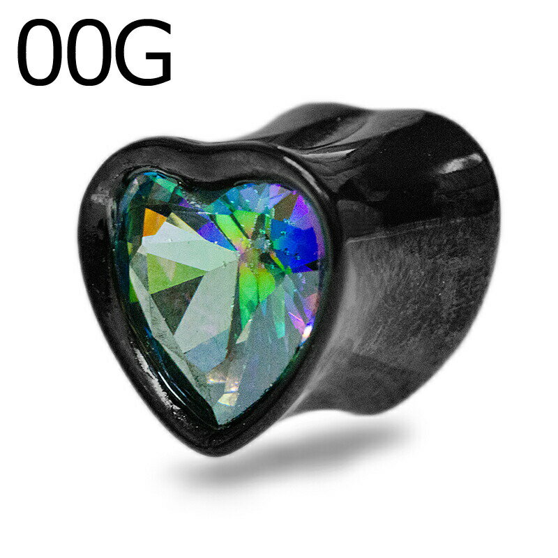 ボディピアス 00G ステンレス ダブルフレアハートプラグ / 00ゲージ ブラック ジュエル ダブルフレア プラグ イヤーロブ ステンレス トンネル チューブ かっこいい はめ込み 金属アレルギー対応 かわいい 黒 00g 10mm 10ミリ