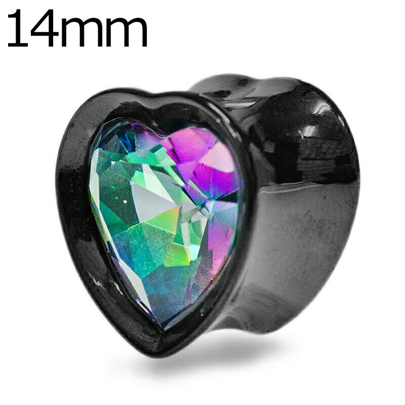 ボディピアス 14mm ステンレス ダブルフレアハートプラグ / 14ミリ ブラック ジュエル ダブルフレア プラグ イヤーロブ ステンレス トンネル チューブ かっこいい はめ込み 金属アレルギー対応 かわいい 黒(4.0)