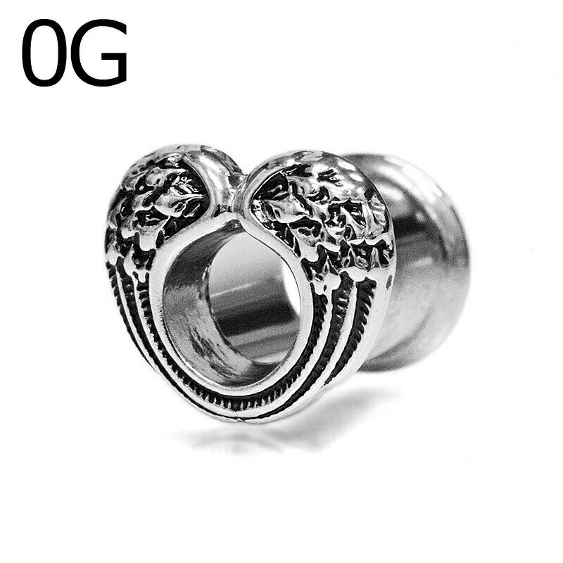 ボディピアス 0G ステンレス エンジェルウィングスダブルフレアトンネルプラグ / 0ゲージ シルバー デ..