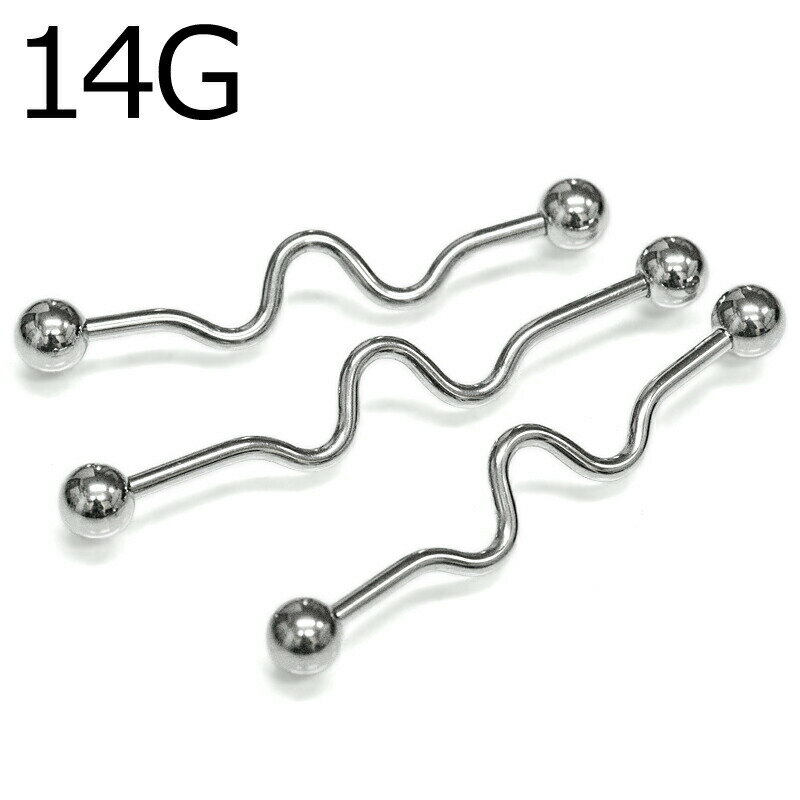 ボディピアス 14G ウェービーメガストレートバーベル / 14ゲージ シルバー ステンレス インダストリアルバーベル インダストリアル ロングバーベル 軟骨ピアス 長い 14g 波 金属アレルギー対応 軟骨用 ウェーブ