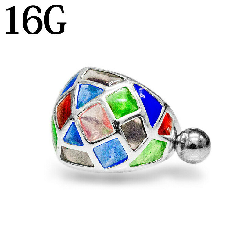 ボディピアス 16G ステンレス ステンドグラス風イヤカフス付きバーベル / シルバー イヤカフ 16ゲージ ..