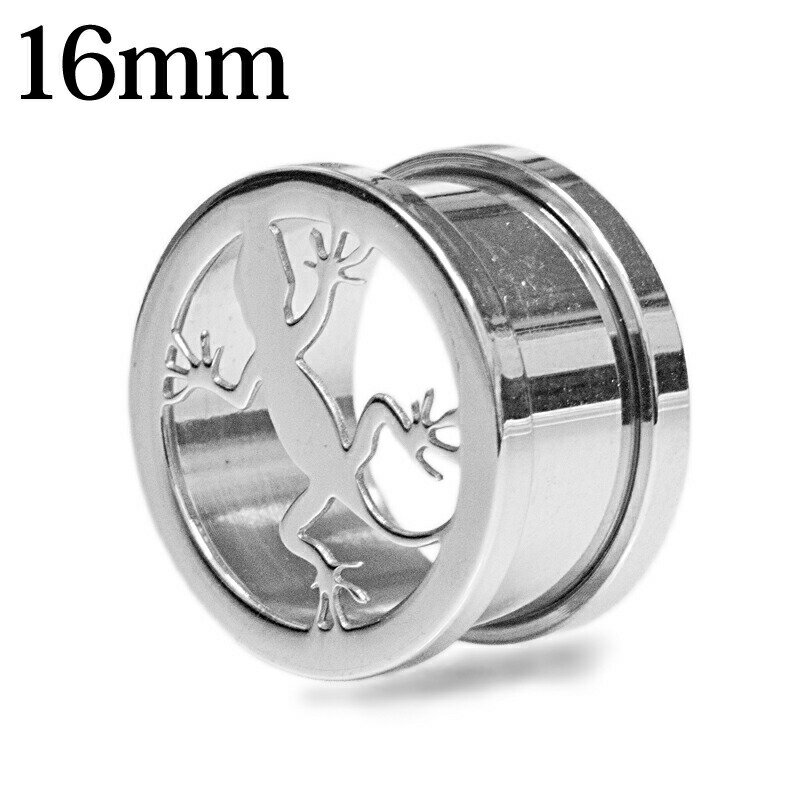 ボディピアス 16mm ステンレス リザードモチーフ付きトンネル / 16ミリ シルバー スクリュー ネジ 拡張 ハイゲージ ラージホール ロブ 金属アレルギー対応 トカゲ 蜥蜴