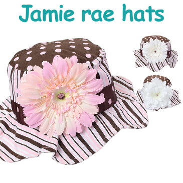 Jamie Rae Hats / ジェイミーレイハット サンハット ブラウンドットマルチストライプ　ベビーキッズサンハット 【Brown Pink Dot Multistripe Sun Hat】 【ベビー帽子 ベビーハット 日よけ コサージュ ジェイミーレイ】