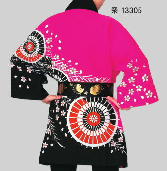 大人法被 柳に蛇の目傘 ピンク・黒 [納得楽天価格 通販 オリジナル ハッピ 半纏 半天 はんてん 祭り 祭..