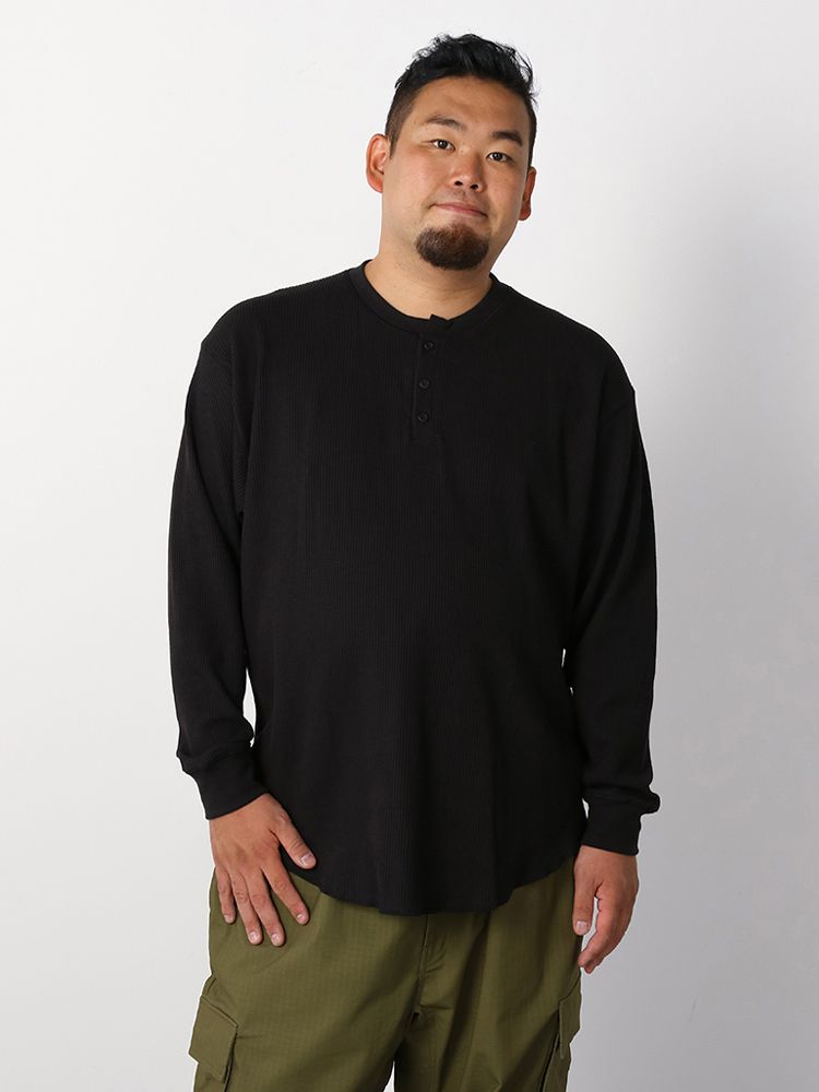 【目玉商品】長袖Tシャツ メンズ 長袖ヘンリーネ EL.FO 無地ワッフル編みヘンリーネック長袖Tシャツ ブラック 通年 LL 3L 4L 5L 6L 8L 大きいサイズのお店 フォーエル【カジュアル】